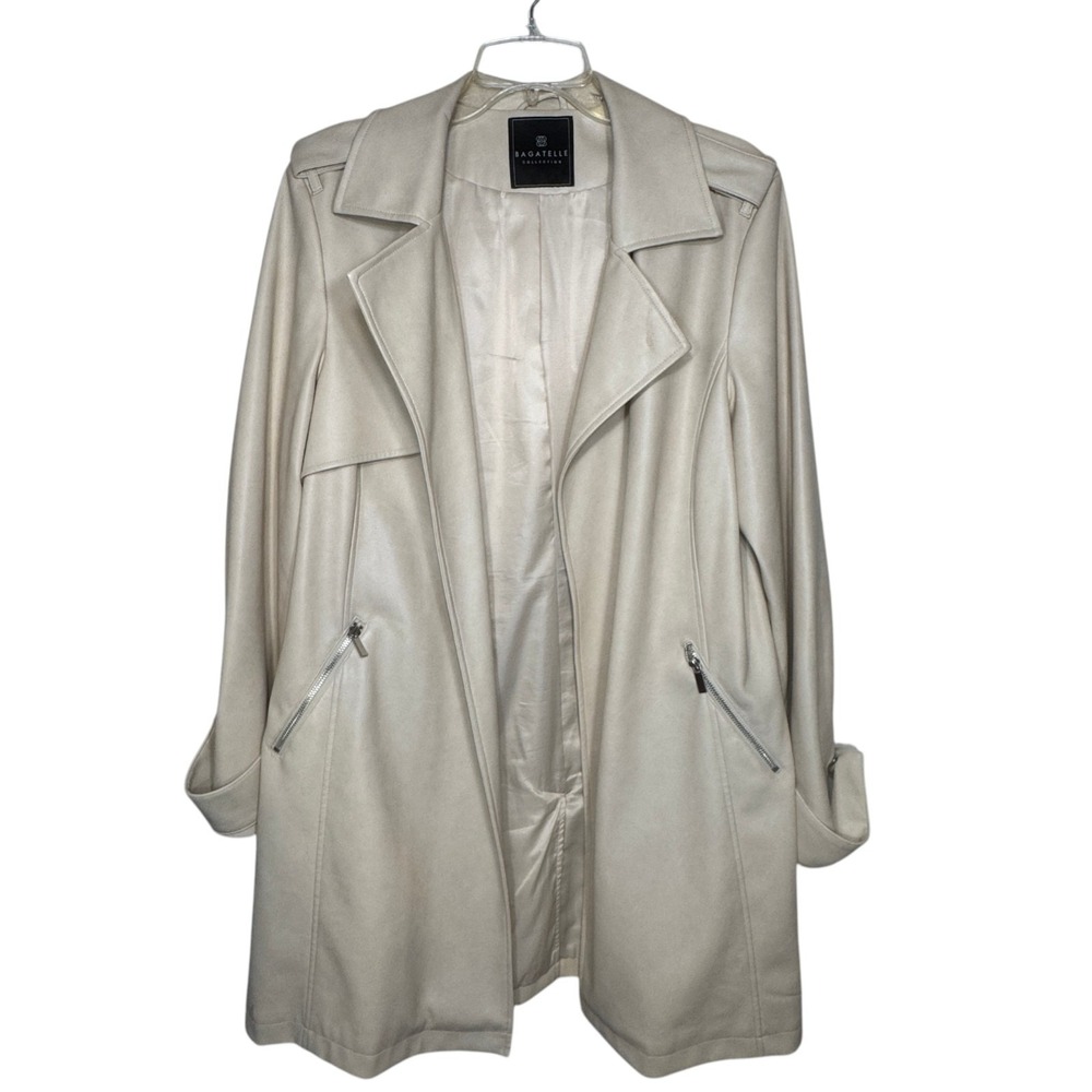 Bagatelle Ivory Faux Leather Open Front Coat Womens Large Cream Draped‎ Jacket